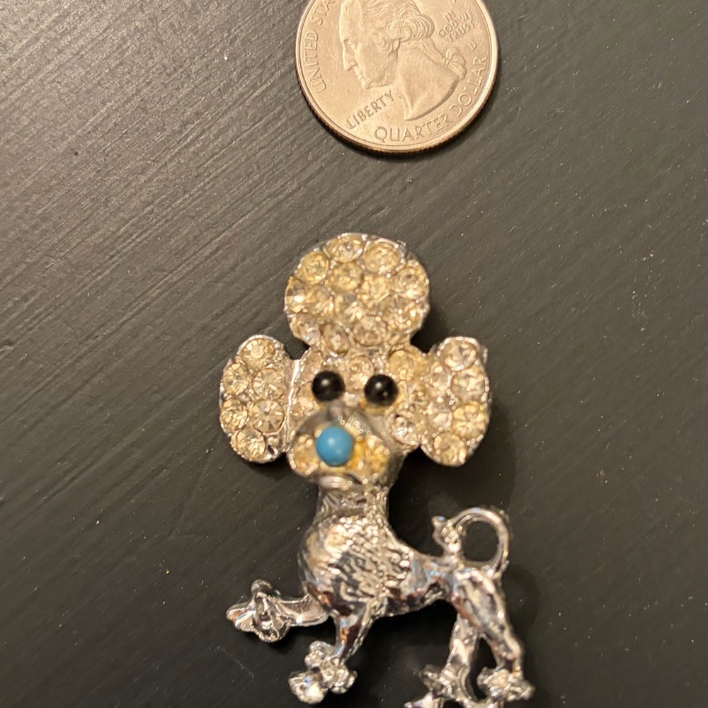 Vintage Poodle Brooch  with Rhinestones, Turquoise Button Nose & Black Eyes